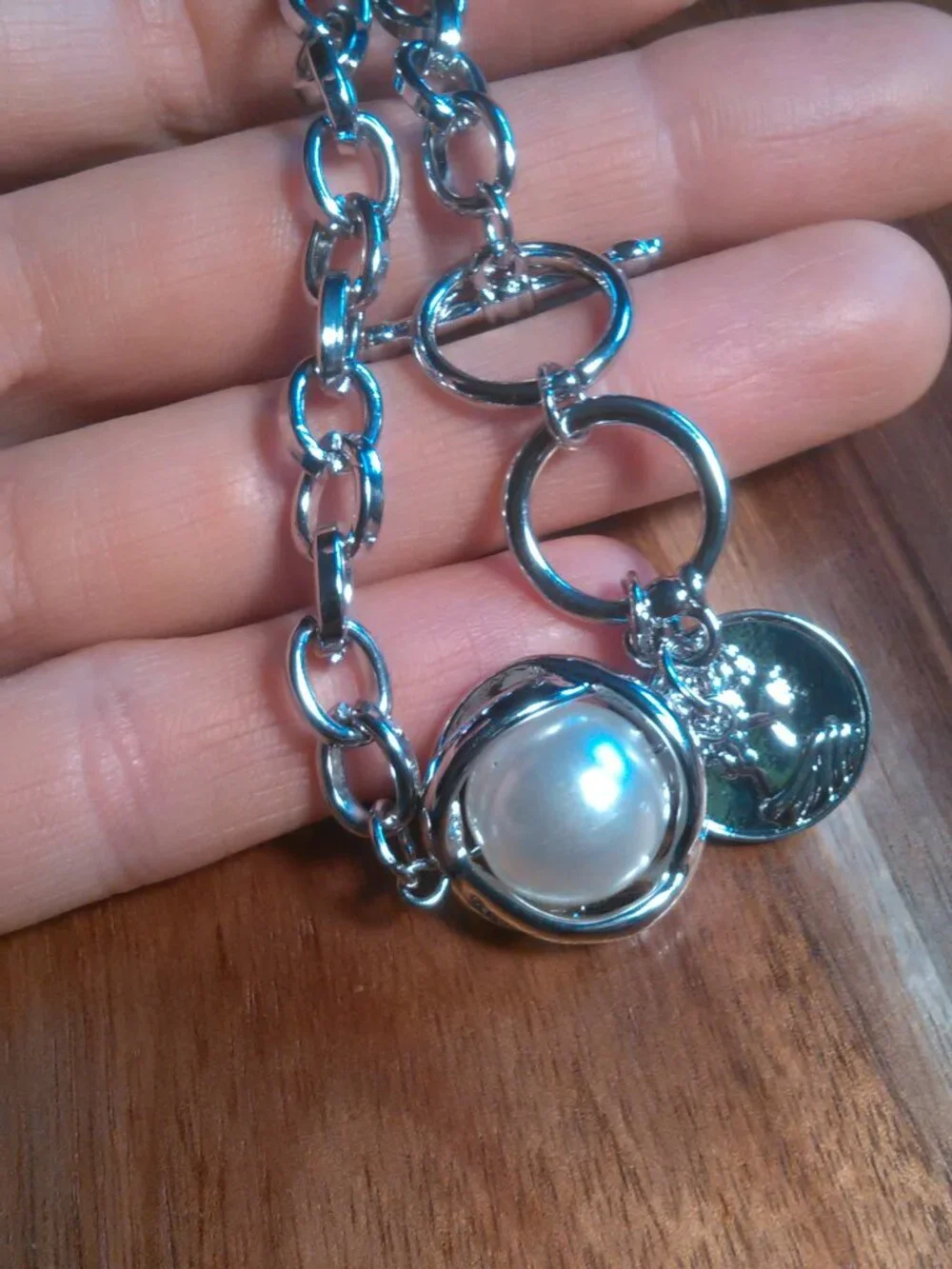 Cameo Design Charm and Simulated Pearl Silvertone Toggle Clasp Bracelet